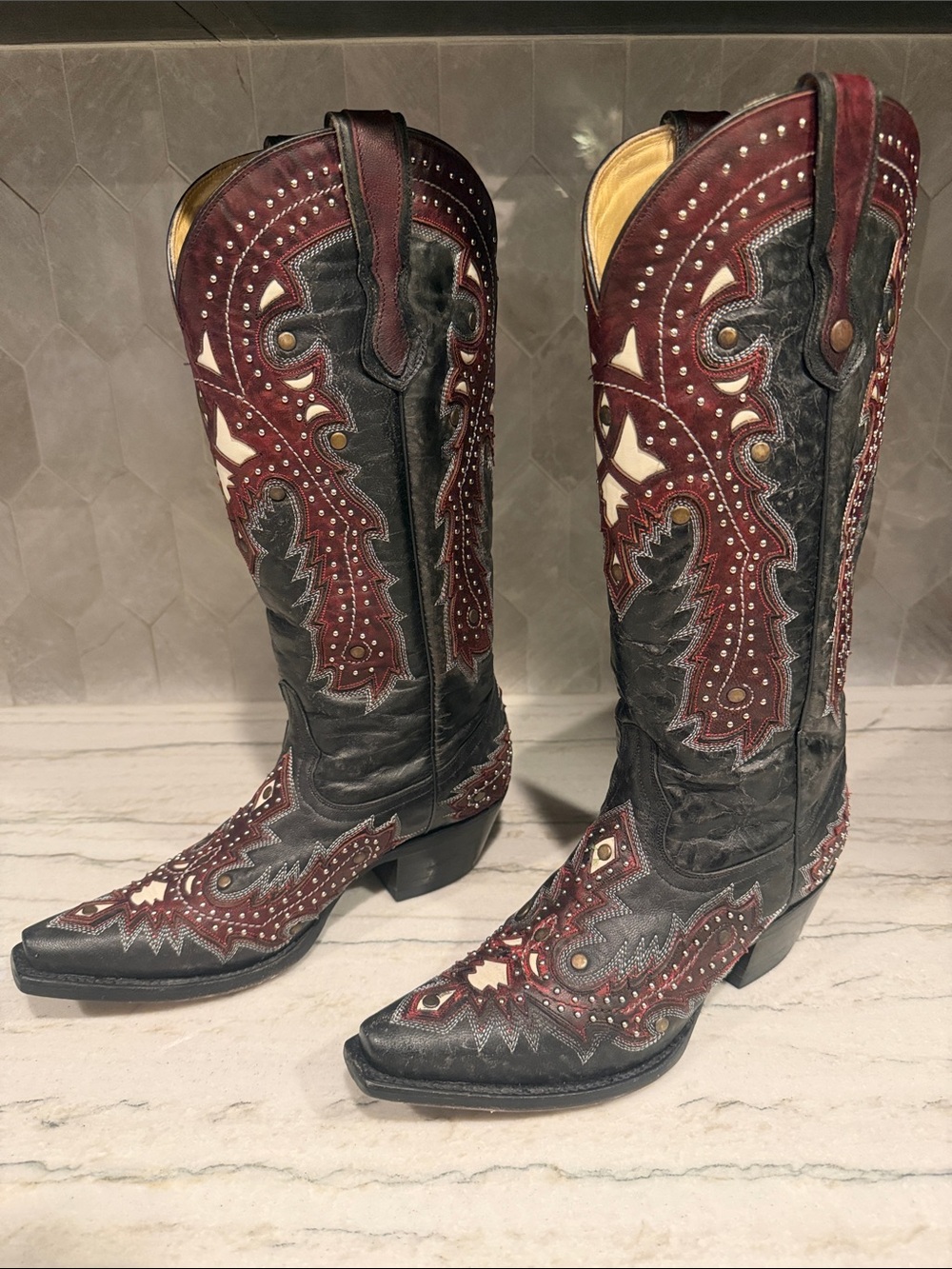 Women's Black and Burgundy Embellished Western Heeled Boots - Picture 7 of 11